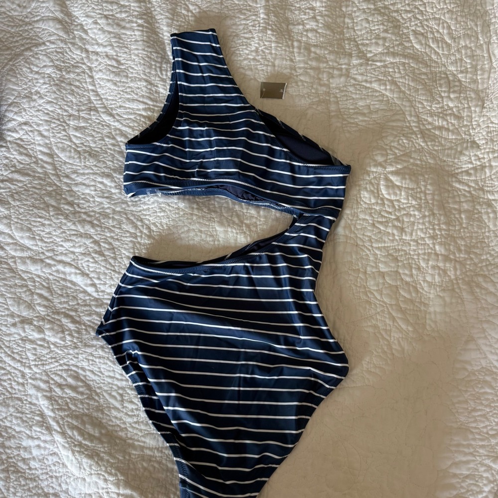 NWT J.Crew Re-Imagined One Shoulder Cutout Stripe Swimsuit Gold Buttons Sz 8 - Picture 5 of 8
